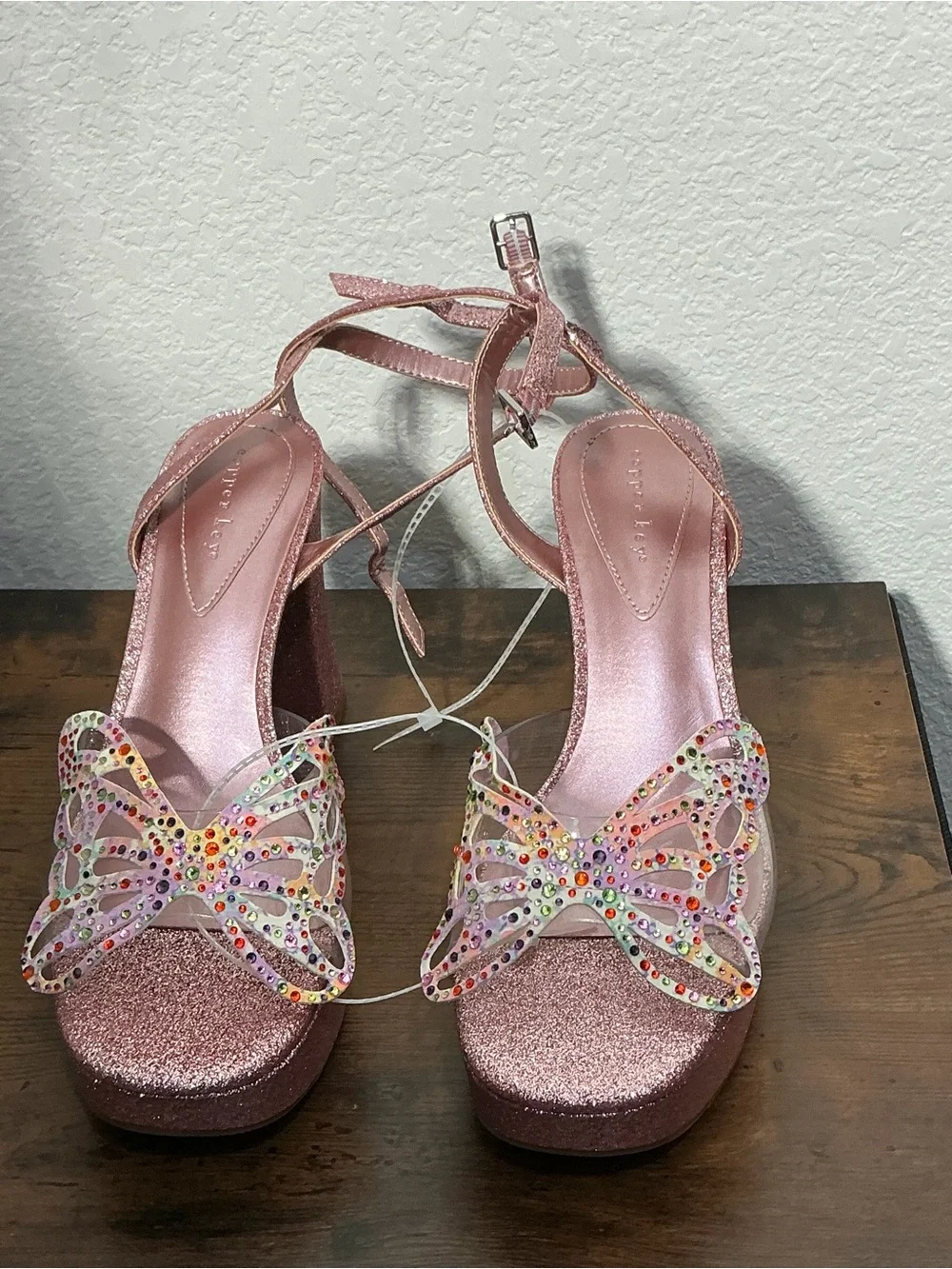 Copper Key Rose Pink Glitter Platform Sandals with Rhinestone Butterfly